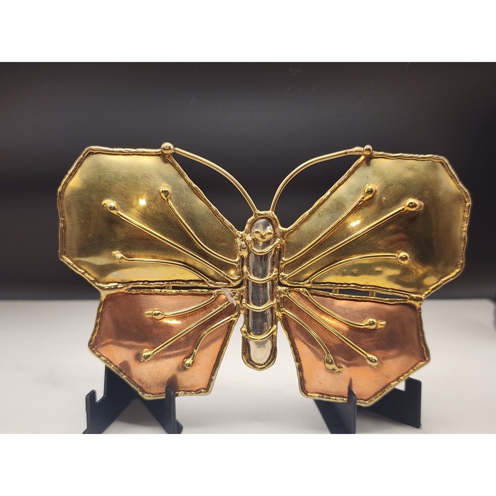 Vintage Mixed Metal Butterfly Belt Buckle Sculpture Brass Copper Silver Tone 5"